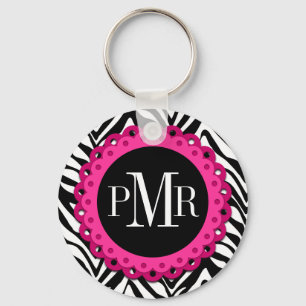 Zebra Print Hot Pink Lace Monogram Personalized Key Ring