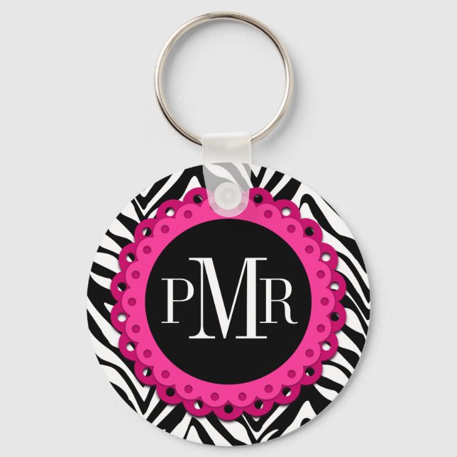 Zebra Print Hot Pink Lace Monogram Personalized Key Ring (Front)