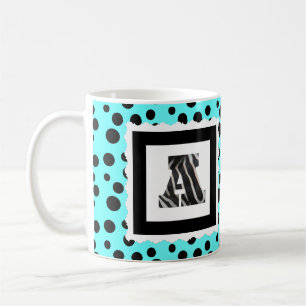 Zebra Print Letter "A" on Aqua/Black Polka Dots Coffee Mug