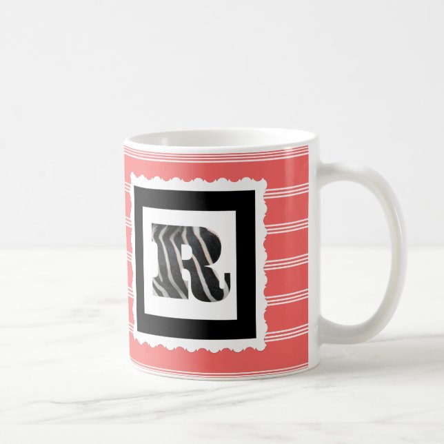 Zebra Print Letter "R" on Rose/White Pinstripes Coffee Mug (Right)