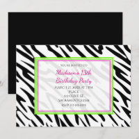 Zebra Print Lime Green and Pink Party Invitations
