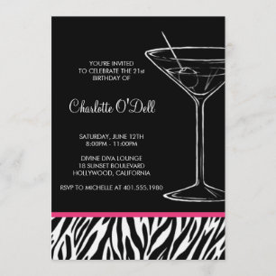 Zebra Print Martini Birthday Invitation