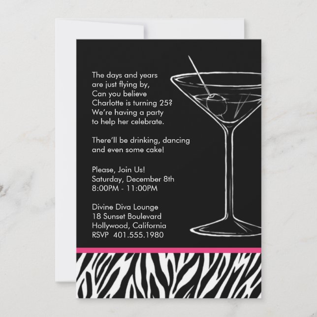 zebra print martini birthday party invitation (Front)