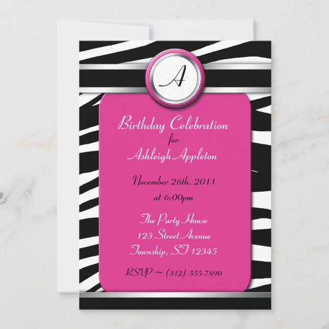 Zebra Print Monogram Fuchsia Birthday Invitations (Front)