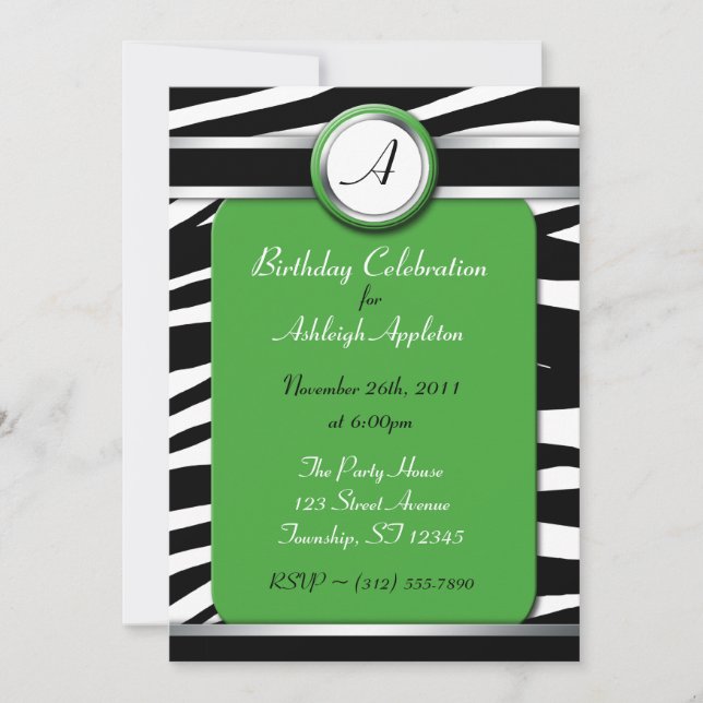 Zebra Print Monogram Green Birthday Invitations (Front)
