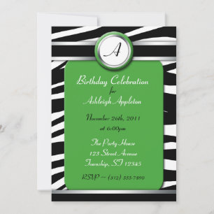 Zebra Print Monogram Green Birthday Invitations