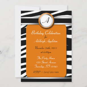 Zebra Print Monogram Orange Birthday Invitations