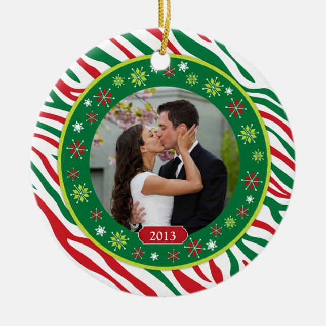 Zebra Print Our First Christmas Together Photo Ceramic Tree Decoration (Front)