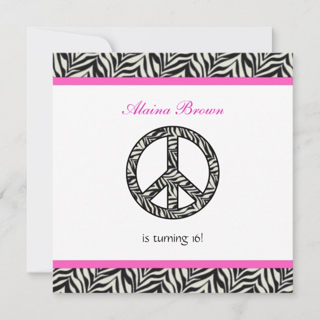 Zebra Print  Peace Sign Birthday Party Invitation (Front)