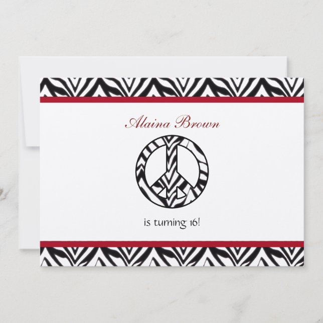 Zebra Print  Peace Sign Birthday Party Invitation (Front)