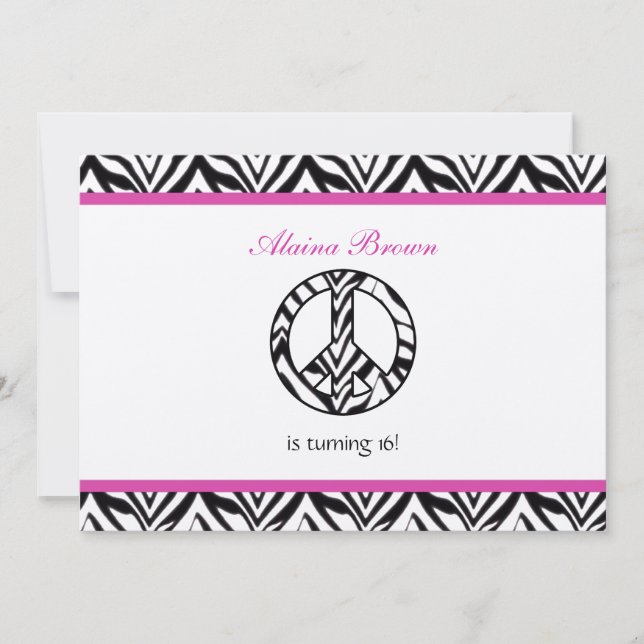 Zebra Print  Peace Sign Birthday Party Invitation (Front)