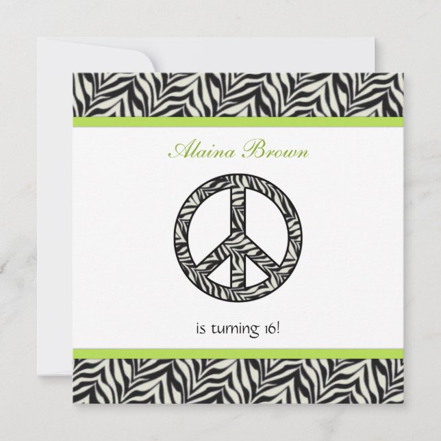 Zebra Print  Peace Sign Birthday Party Invitation (Front)