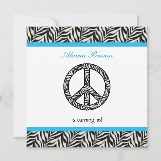 Zebra Print Peace Sign Birthday Party Invitation (Front)