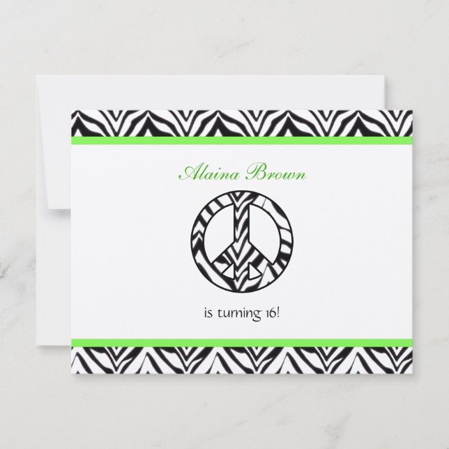Zebra Print  Peace Sign Birthday Party Invitation (Front)