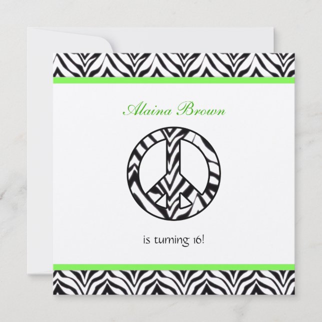 Zebra Print  Peace Sign Birthday Party Invitation (Front)
