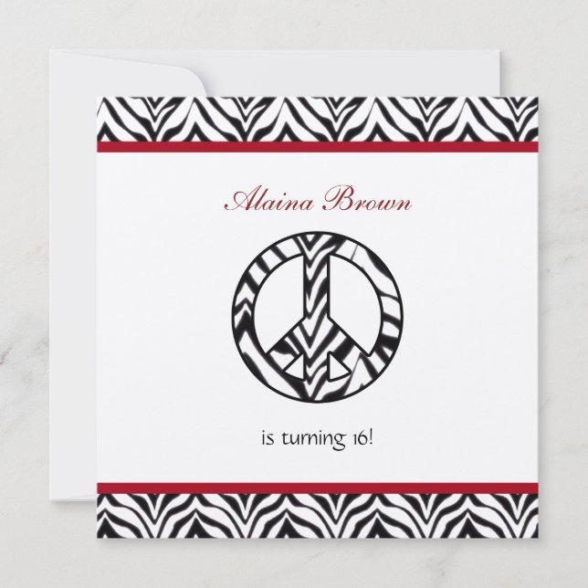 Zebra Print  Peace Sign Birthday Party Invitation (Front)