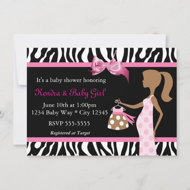 Zebra Print & Pink Bow Mod Mum Baby Girl Shower Invitation (Front)