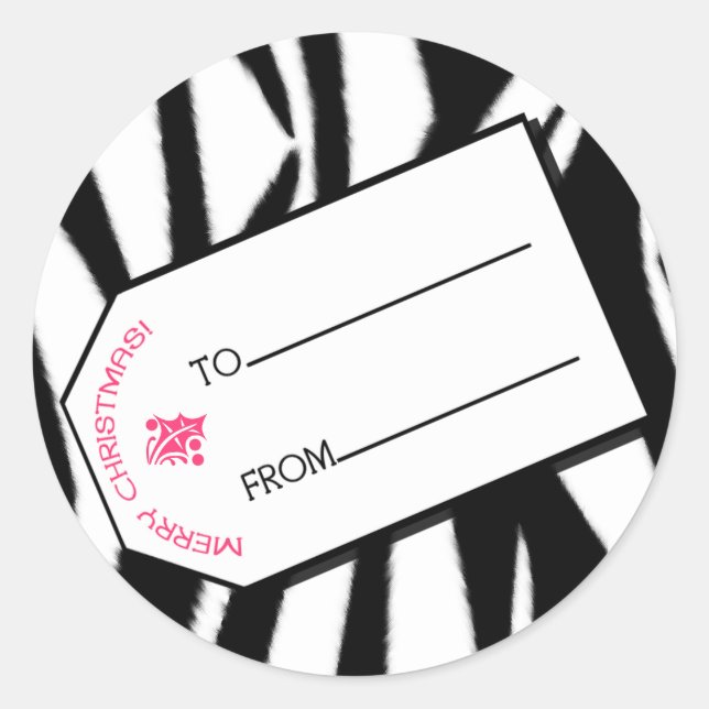 Zebra Print & Pink Christmas Gift Tag Sticker (Front)