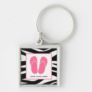 Zebra Print & Pink Flip Flops Personalised Key Ring