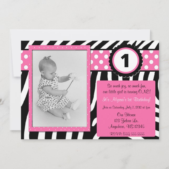 Zebra Print Pink Girls Birthday Invitation (Front)
