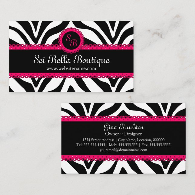 Zebra Print & Pink Lace Monogram Business Card (Front/Back)