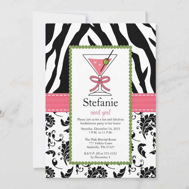 Zebra Print Pink Martini Bachelorette Invitations (Front)