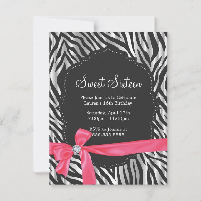 Zebra Print Pink Ribbon & Diamond Fashion Sixteen Invitation (Front)