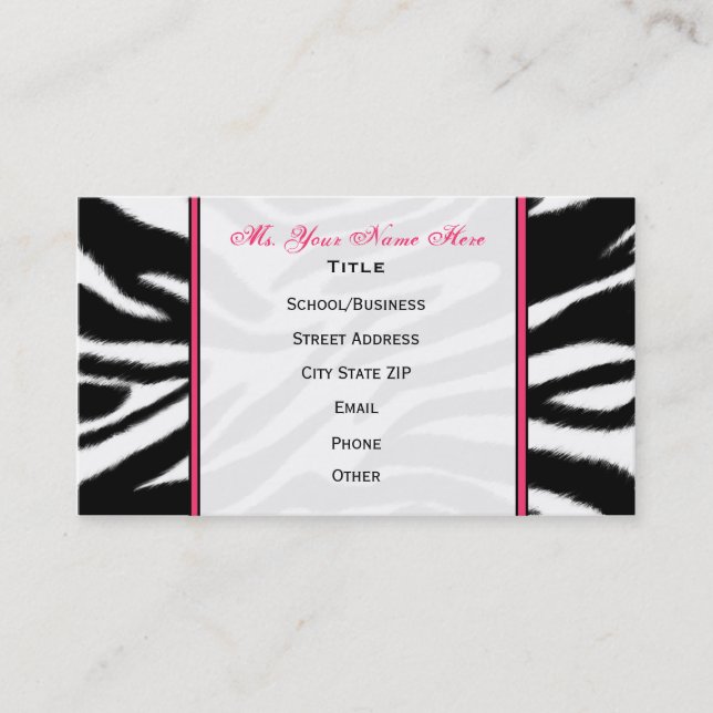 Zebra Print / Pink Teacher Fashion Business Card (Front)