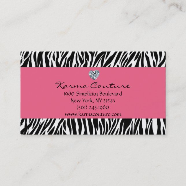 zebra print pink w/ heart shaped diamond business card (Front)