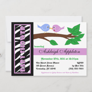 Zebra Print Purple Birdy Baby Shower Invitations