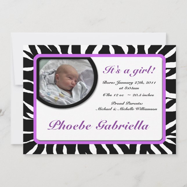 Zebra Print Purple Birth Announcements (Front)