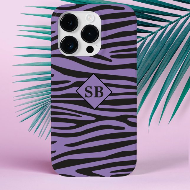 Zebra Print Purple Black Striped Monogrammed Case-Mate iPhone Case (A purple and black zebra print phone case with space for your initials)