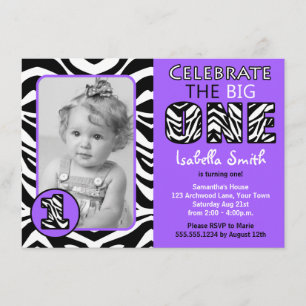 Zebra Print Purple Girls First Birthday Invitation