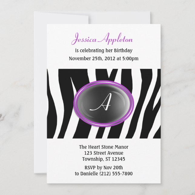 Zebra Print Purple Glass Monogram Birthday Invitation (Front)