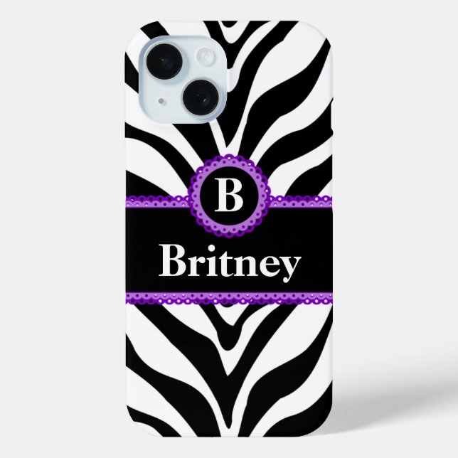 Zebra Print Purple Lace Monogram Name Case-Mate iPhone Case (Back)