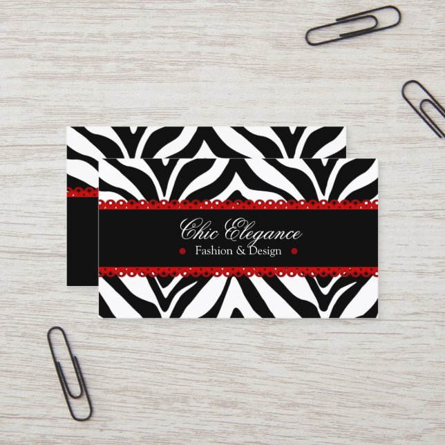 Zebra Print & Red Lace Elegant Business Card (Front/Back In Situ)