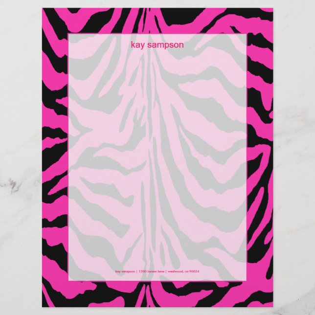 Zebra print, retro colours fuschia + black customised letterhead (Front)
