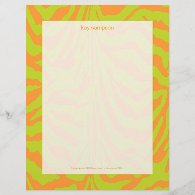 Zebra print, retro colours lime green + orange customized letterhead (Front)