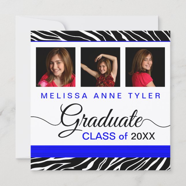 Zebra Print Royal Blue Photo Graduation Invitation (Front)