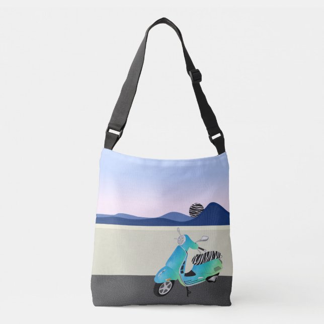 Zebra Print Scooter Moon Illustration Crossbody Bag (Front)