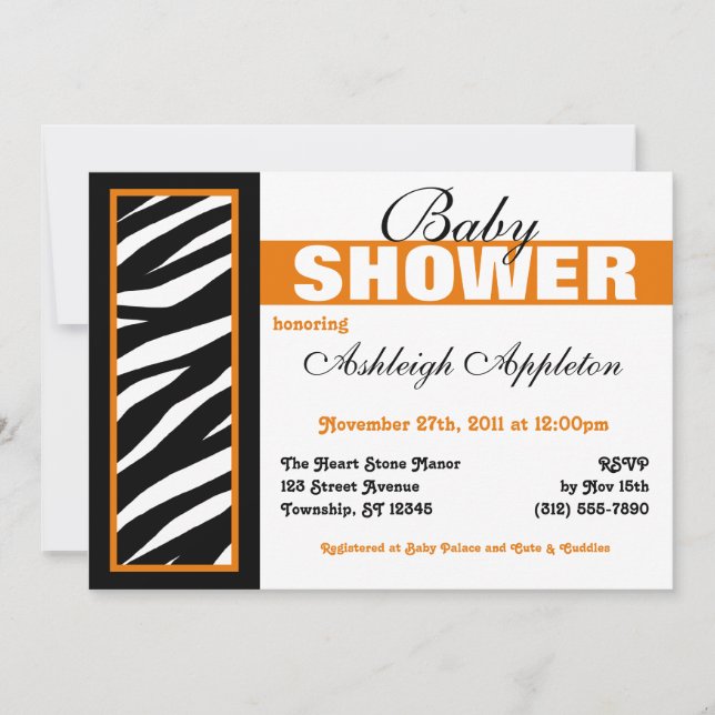 Zebra Print Side Orange Baby Shower Invitations (Front)