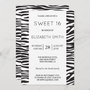 Zebra Print, Stripes, Black And White, Sweet 16 Invitation