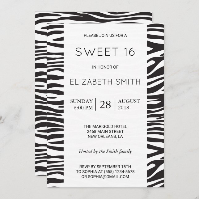 Zebra Print, Stripes, Black And White, Sweet 16 Invitation (Front/Back)
