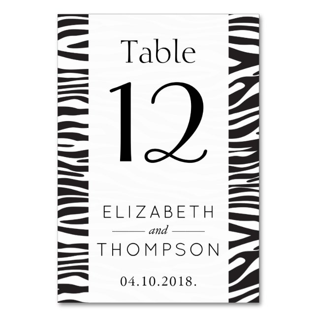 Zebra Print, Stripes, Black And White, Wedding Table Number (Front)