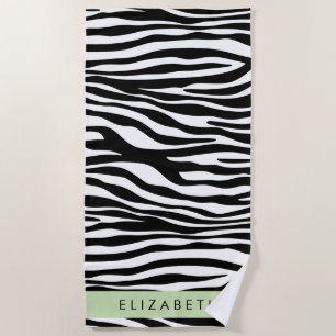 Zebra Print, Stripes, Black And White, Your Name Beach Towel