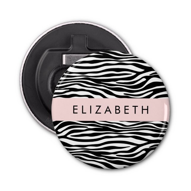 Zebra Print, Stripes, Black And White, Your Name Bottle Opener (Front)