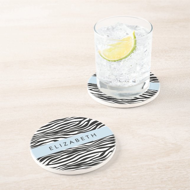 Zebra Print, Stripes, Black And White, Your Name Coaster (Side)