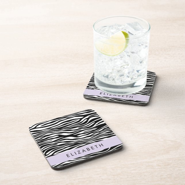 Zebra Print, Stripes, Black And White, Your Name Coaster (Right Side)