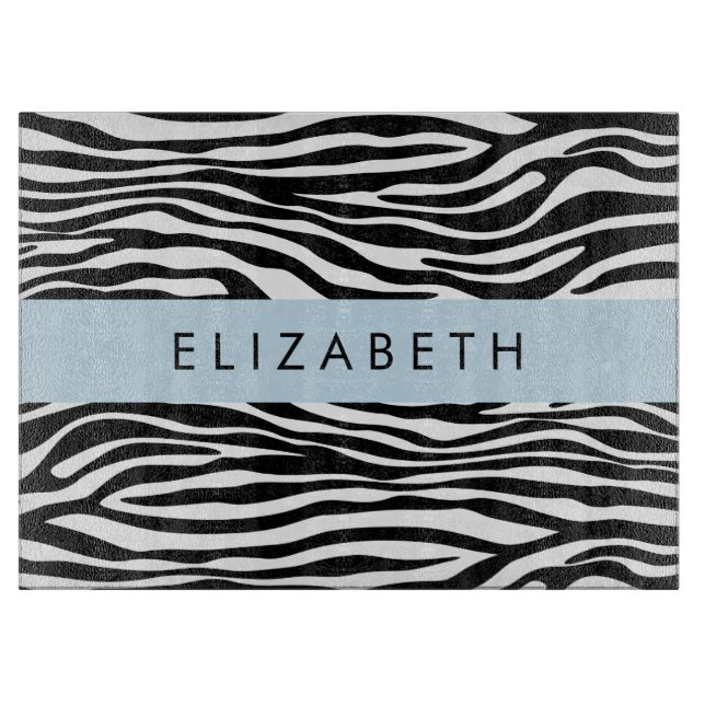 Zebra Print, Stripes, Black And White, Your Name Cutting Board (Front)