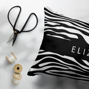 Zebra Print, Stripes, Black And White, Your Name Decorative Cushion